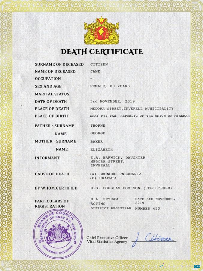 Download Myanmar death certificate PSD template Photoshop template